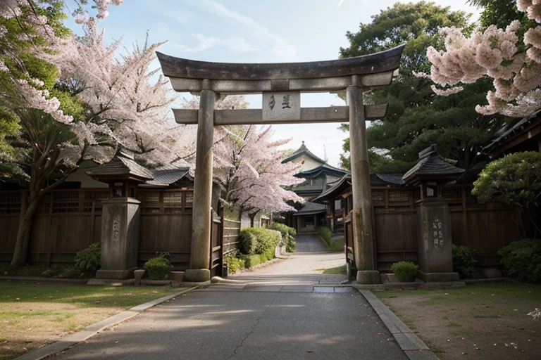 a serene scene in Japan, with vibrant red temple arches gracefully lining a pathway. The arches stand tall and proud, their bold color contrasting against the lush greenery that surrounds them. Cherry blossom trees frame the view, their delicate pink petals gently falling, creating a picturesque ambiance. The air is filled with a sense of tranquility as you walk through this sacred space, feeling the reverence and history that permeates the atmosphere. It's a sight that captures the essence of Japan's rich culture and traditions.