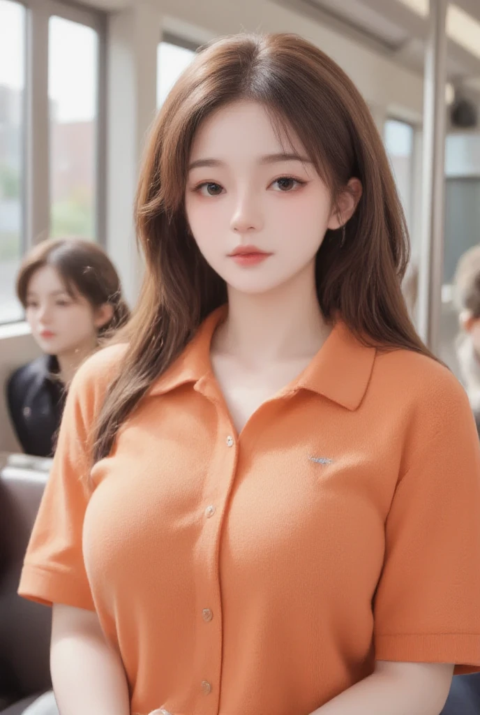 Realistic photos (1 cute Korean star) Reverse hair, light makeup, Middle breast size, Orange polo shirt, At the train station, Canon EOS Clear Facial Features, 16K, High resolution, Sharp and realistic details,  Exposure, interrupt, 超High resolution, High resolution, Highest quality