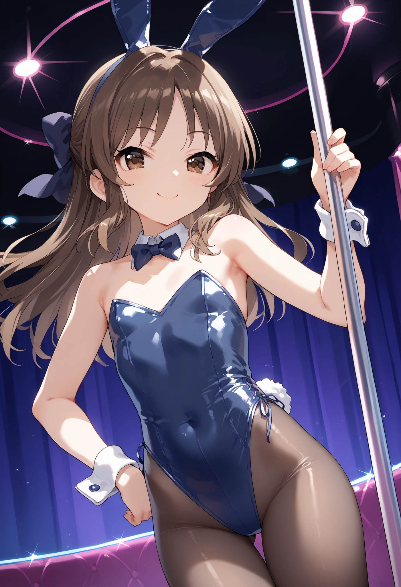 score_9, score_8_up, score_7_up, Source_anime, , long hair, brown hair, split the bangs ,hair bow , Brown Eyes, pole dancing, pole, stripper pole, holding pole, , flat chest, Smiling, Please Show Me Her Breasts, rabbit ears, leotard, wrist cuffs, Detachable Collar, highleg leotard, pantyhose, side, cowboy shot, Dutch angle,spread your legs,