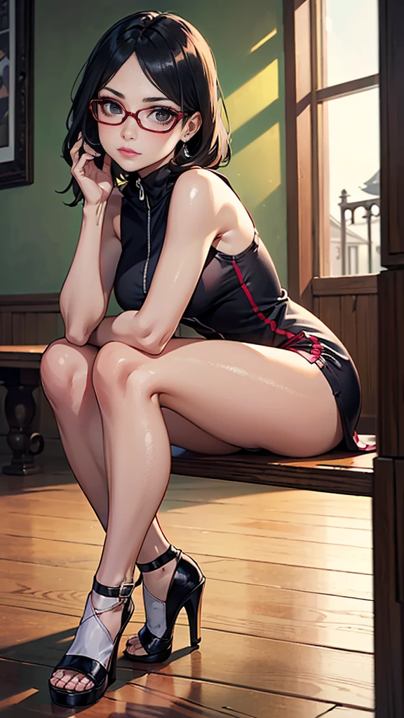 Secret Relationship、beautiful, High resolution, Perfect lighting, alone, Black Hair, short hair, Shiny Hair, Forehead protector, Iris, Red frame glasses, Exposing shoulders, (White Lingerie:0.9), Sitting, barefoot, sole, From below, Bed, looking at the viewer、(((Put a thick cucumber、Footjob)))