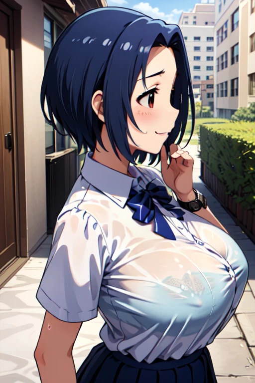 masterpiece, best quality, highres, aaazusa, short hair, ahoge, parted bangs, ,school uniforms, outdoors, Alley,Shade,Dimly lit place,A kind smile,Shyness,rain,sweat,breath,blush,(large breast:1.2),(huge breast,big tits),busty,Curvaceous,Hourglass Shape,A well-defined figure,Long breasts,slender,Big chest and small waist,((breast focus)),hands on breasts,Upper Body,前にLong breasts房,(shirt lift),show off bra,cleavage,athletic stomach,View your viewers