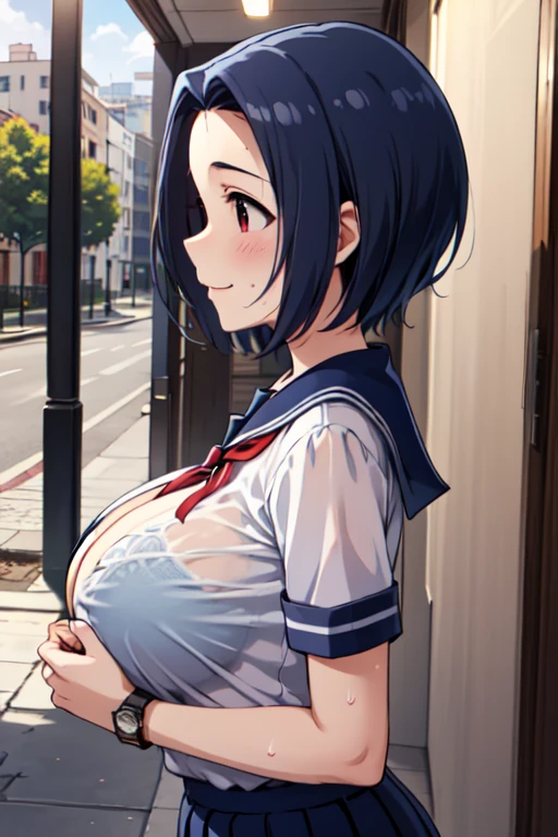 masterpiece, best quality, highres, aaazusa, short hair, ahoge, parted bangs, ,school uniforms, outdoors, Alley,Shade,Dimly lit place,A kind smile,Shyness,rain,sweat,breath,blush,(large breast:1.2),(huge breast,big tits),busty,Curvaceous,Hourglass Shape,A well-defined figure,Long breasts,slender,Big chest and small waist,((breast focus)),hands on breasts,Upper Body,前にLong breasts房,wet,View your viewers