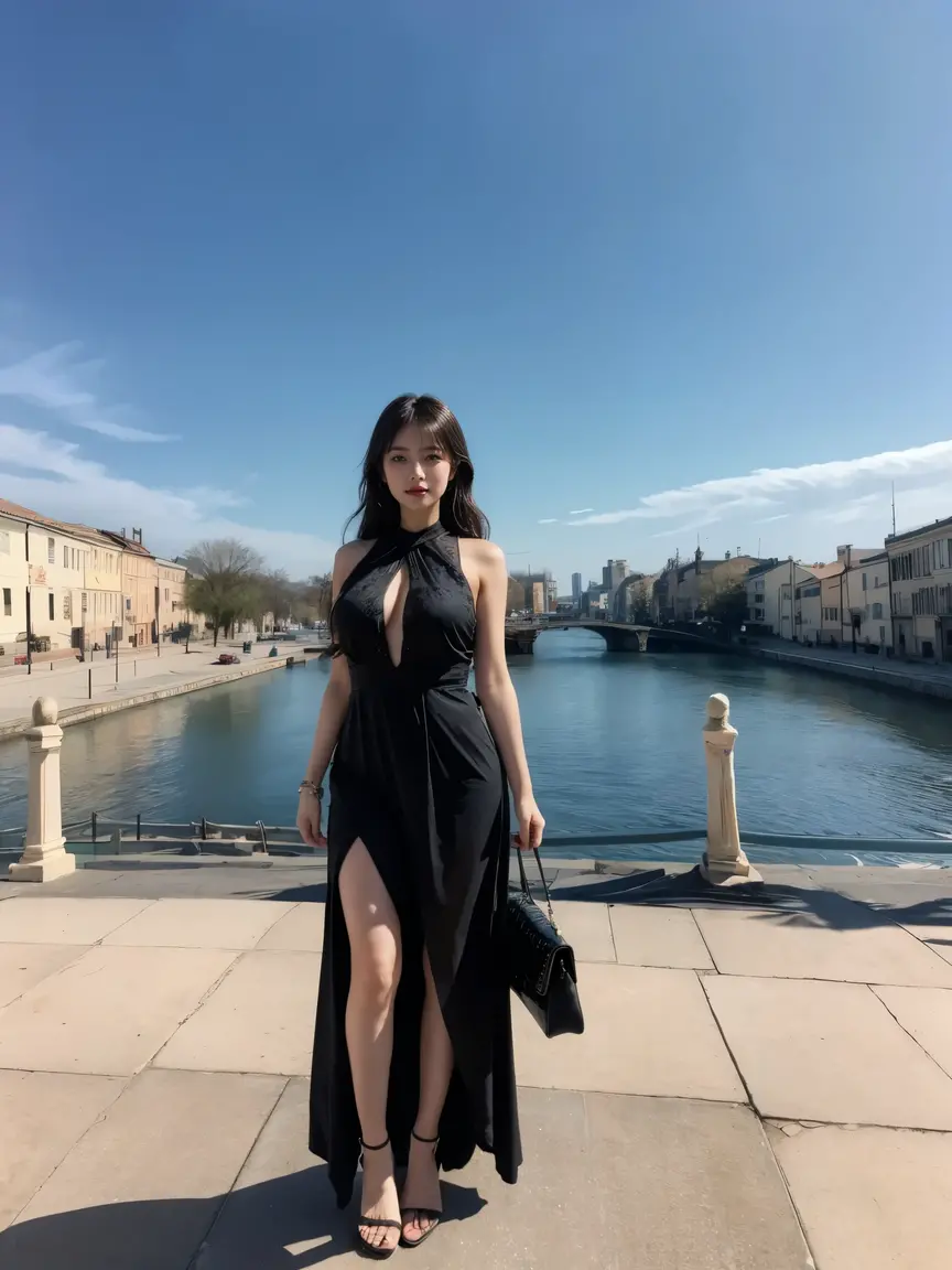 masterpiece, (highest quality:1.2), [:intricate details:0.2], 1 girl, big breasts, (daytime sky), sparkling aura,  crackling energy, mysterious symbol, sparkling moat,asian beauty,wavy hair,look at the viewer,full body shot,black dress,handbag