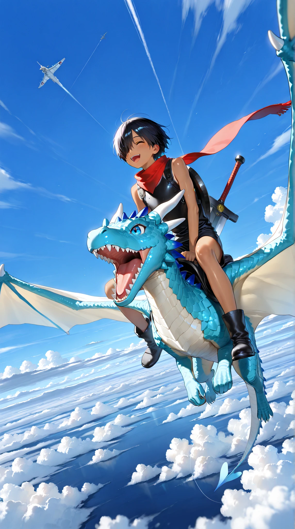 16k、portrait photography、makes an aesthetic,(masterpiece,best quality:1.4),(8k,raw photo,photo realistic:1.2),shiny skin,detailed skin,detailed face,detailed eyes、Master piece,Best Quality,ultra detailed,Photorealistic,Realistic, real、(masterpiece), (best quality), (8K), (good ), (perfect ), (nice hand), (perfect hand),Break 、((male focus))、elementary school boy, 1boy, {{official style}},KAZUMA IKEZAWA,Summer Wars、tan skin,black short hair、
 fantasy, (((riding and piloting a dragon))) flying in air, going to the castle on sky, (((overlooking, shielding eyes))), greatsword and shield on her back, neckerchief, armor, auntlets, scarf, boots, (((a flying castle on sky, day, blue_sky, clouds))), ((happy, smile, open mouth)), outdoor, perfect face, beautiful face, very detailed face,Beautiful face with clear long eyelashs, detailed_eyes,masterpiece, best quality, high resolution, absurdres, highres, depth of field,scenery, ((from_side,dutch angle)),