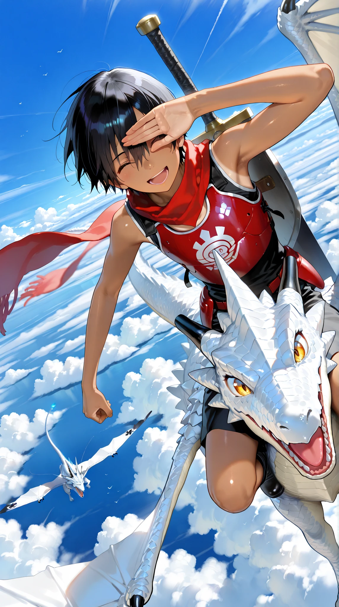 16k、portrait photography、makes an aesthetic,(masterpiece,best quality:1.4),(8k,raw photo,photo realistic:1.2),shiny skin,detailed skin,detailed face,detailed eyes、Master piece,Best Quality,ultra detailed,Photorealistic,Realistic, real、(masterpiece), (best quality), (8K), (good ), (perfect ), (nice hand), (perfect hand),Break 、((male focus))、elementary school boy, 1boy, {{official style}},KAZUMA IKEZAWA,Summer Wars、tan skin,black short hair、
 fantasy, (((riding and piloting a dragon))) flying in air, going to the castle on sky, (((overlooking, shielding eyes))), greatsword and shield on her back, neckerchief, armor, auntlets, scarf, boots, (((a flying castle on sky, day, blue_sky, clouds))), ((happy, smile, open mouth)), outdoor, perfect face, beautiful face, very detailed face,Beautiful face with clear long eyelashs, detailed_eyes,masterpiece, best quality, high resolution, absurdres, highres, depth of field,scenery, ((from_side,dutch angle)),