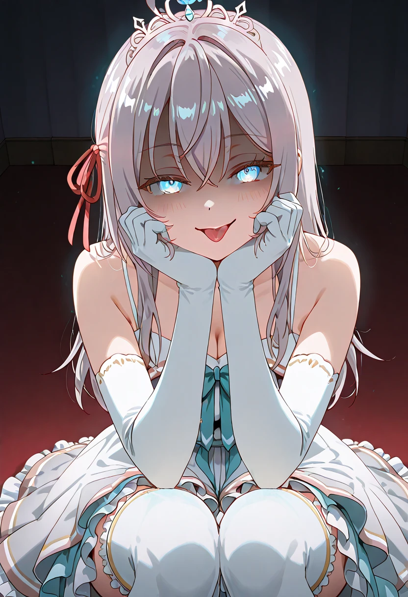 Perspectives, cute smiling, sit on chair, Strange perspective, looking at viewert, White sweater,mediuml breasts, Separate collar,exposed bare shoulders, face flushed,(White hair), whitegloves,bride,wedding gown