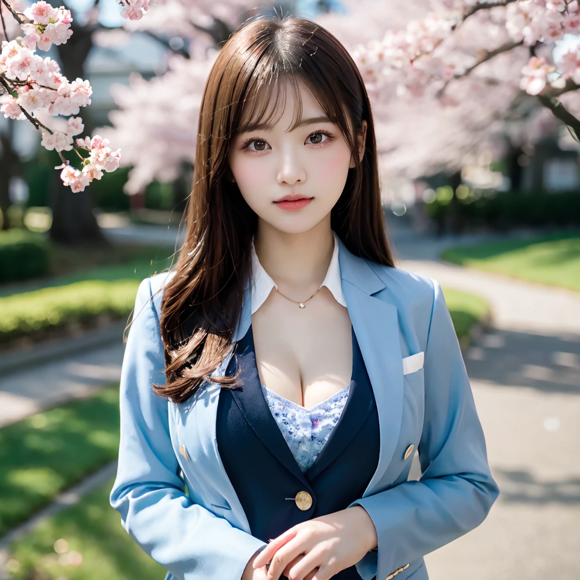 graduation ceremony、high school girl、uniform 、navy blue blazer、Cherry tree in full bloom、Cherry blossom confetti、perfect proportions、cute、(big breasts:1.2)、((18 year old female:1.2))、young adorable japanese face,official art,Highly detailed CG Unity 8K wallpaper,(masterpiece:1.0),(highest quality:1.0), 超A high resolution,4k,Super detailed, photo shoot, 8K, nffsw, High resolution, kodak portrait 400, film grain, lens flare glow,高いest quality,8K,nffsw:1.2),portrait shot,8K、View viewer