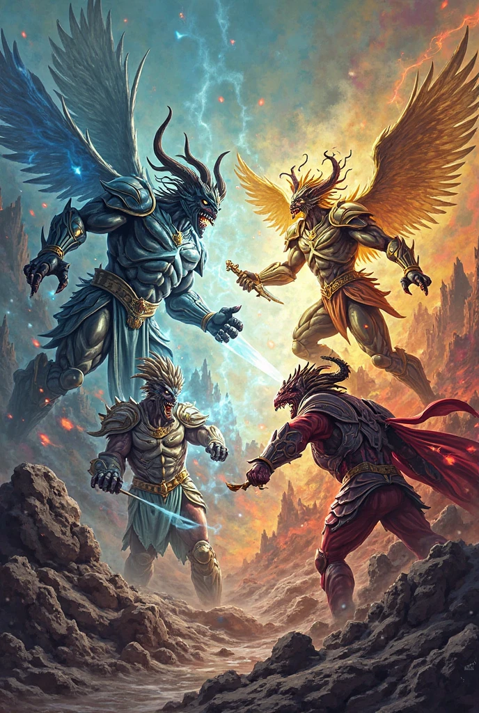 God fighting demons, battle between heaven and hell with legions of angels