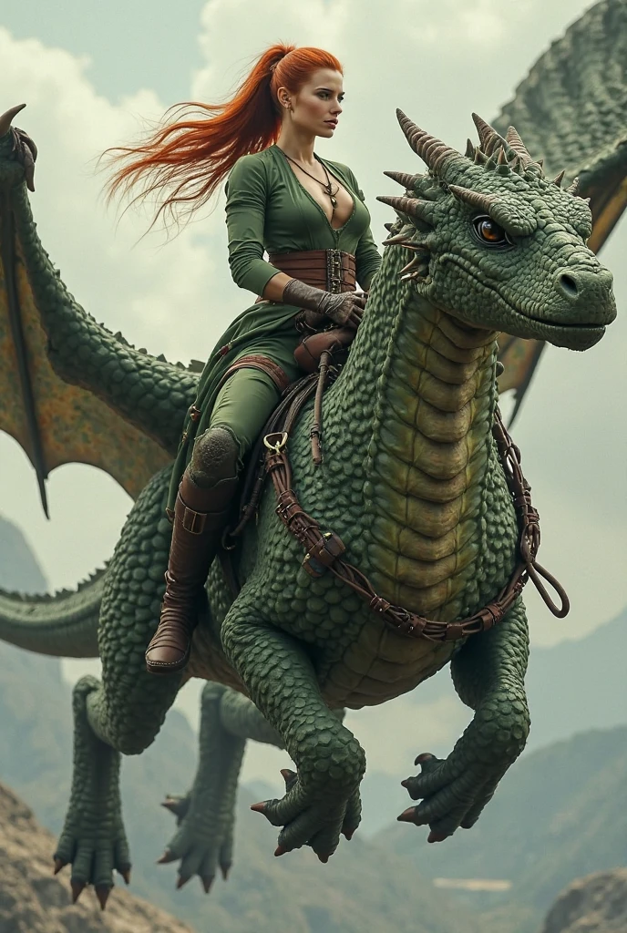Create a highly detailed and realistic image of a gigantic dragon with emerald-green scales, enormous bat-like wings, and sharp claws, perched on a rugged mountain peak. In the foreground, a brave woman in intricate medieval armor stands facing the dragon. Her expression is a mix of awe and courage. The dragon’s eyes should be glowing, and there should be smoke or fire emanating from its nostrils. The scene should be set in a dramatic mountainous landscape with mist and clouds