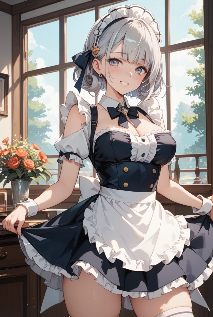 masterpiece, best quality, ultra-detailed,(loli),sel anime, ,anime moe art style,animated style illustration, (beautiful eyes), ((cute)), cute, (lovely),, , shiny skin, ,ultra high res, 
1 girl,full body,,smile,maid,,short sleeves,miniskirt,indoor,cleavage of the breast,thigh,white panties,,blunt bangs,zettai ryouiki,dynamic pose,twintail,silver hair,small tits,20yersold,Maid Cafe,looking away,(((Holding a bouquet))),open mouth,orangeeyes