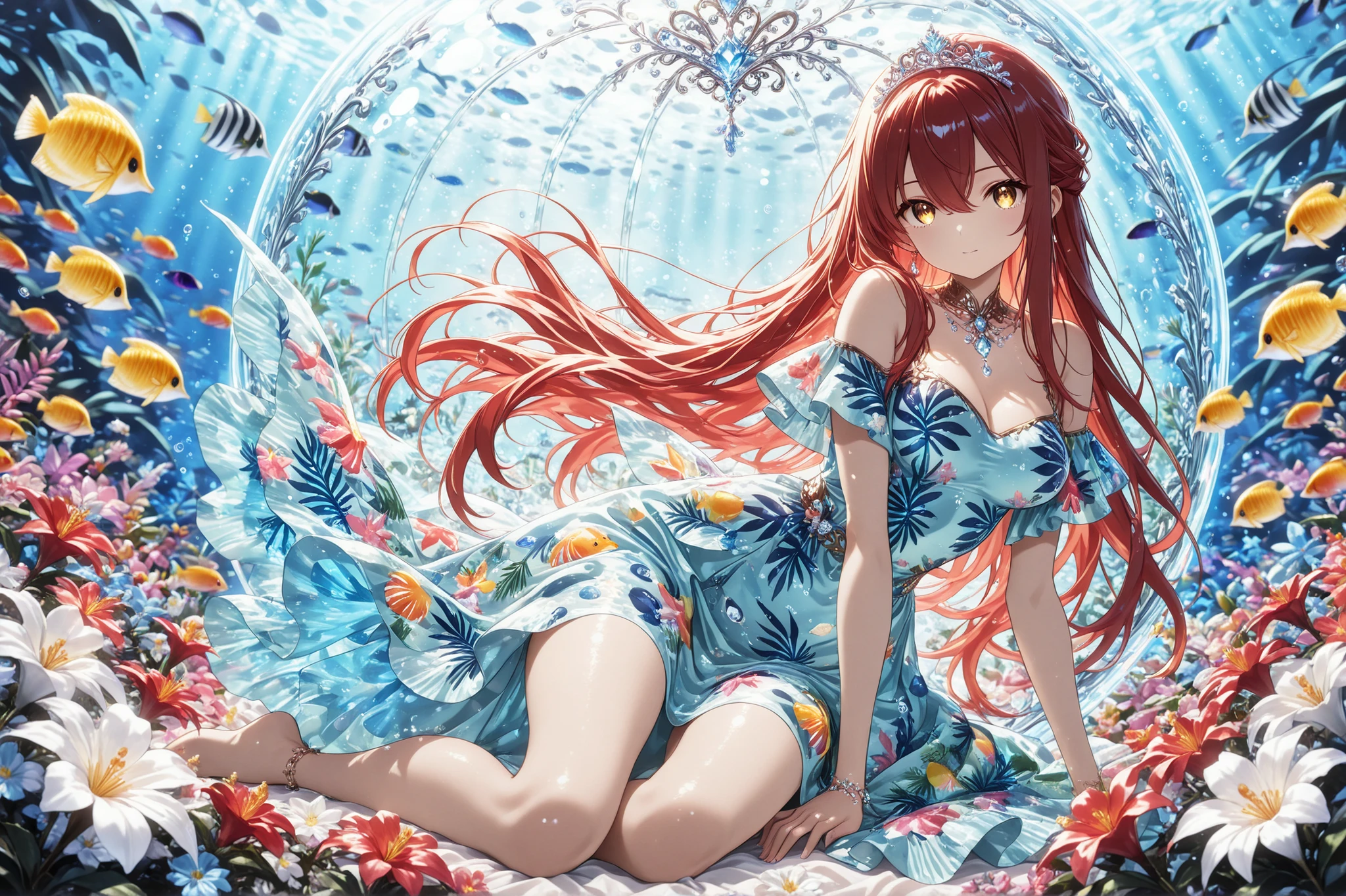 1 girl , golden eyes , very long hair , long sidelocks, red hair ,half updo, petite , very cute , beautiful ,Straight hair, cool, handsome, hair between eyes, sexy, female, mediumlarge breasts,, (princess is in the flower garden, dress of colors like the sea), (tropical fish print on dress:1.4), dress shines blue, soft blue lighting and rainbow bubbles, create fantastic atmosphere, anime style illustrations, detailed background, full body shot, (master piece, 8k high-resolution),  (jewelry eyes:1.2), (floral tiara), ((exquisite illustration of a girl wearing flowers)), ((blooming flowers)), ultra detailed, perfect light, purple world, misty, bubble, fantasy, transparent jewel, transparent crystal, light, glow, shine, shining, beautiful face, beautiful eyes, beautiful hair, best quality, look at viewers((best quality:1.5))((best quality eyes:1.5)) (girl inside a huge bubble:1.1)