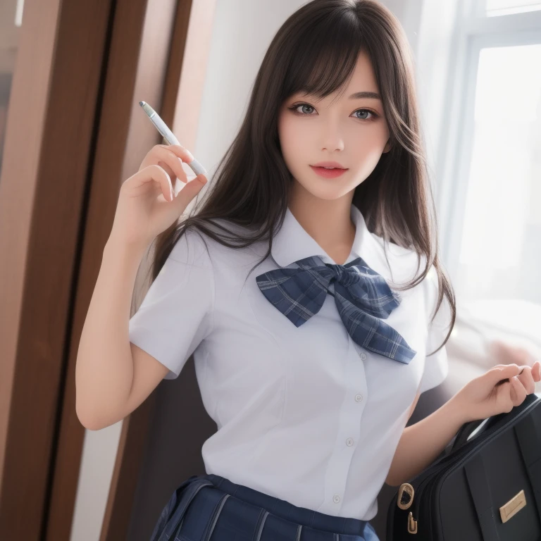 masterpiece,highest quality,Ultra-high resolution、Beautiful women,Mature Woman、((In the classroom))、((school uniform,JK Uniform,Detailed Description))、RAW Photos,(photoRealistic:1.37,Realistic),Highly detailed synthetic CG 8K raw photos:1.5、One girl,(((Perfect body:1.1)),(Medium chest:1.2),Looking at the audience,(((Straight from the front)))),(high quality skins:1.2,shiny silky skin)、8K Ultra HD,Digital SLR,Soft lighting,super high quality,Ilm grain,Fujifilm XT3,((whole body: 0.95)),(Professional Lighting:1.4)、