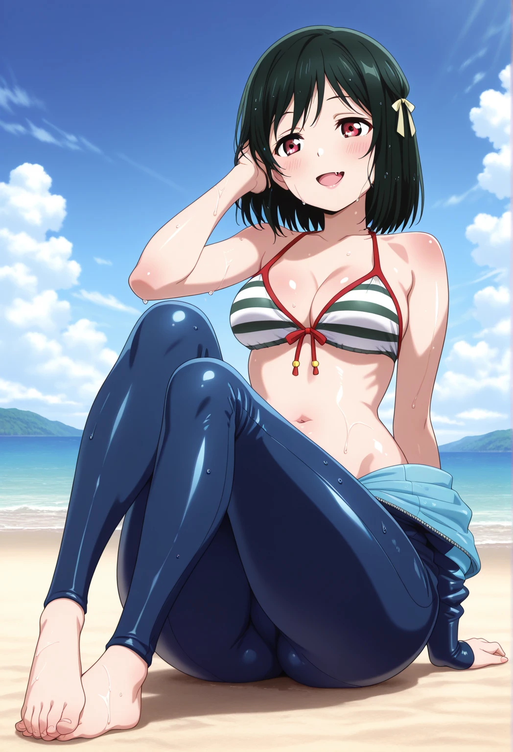 、(masterpiece、Highest quality)、Highest quality, Ultra-high resolution, (((masterpiece))), alone, Sweat、Big eyes, Composition from the front、Shortcuts、Embarrassed face、Bronze colored hair、Cut your hair short、Ocean、beach、Black Micro Bikini、belly button、short hair、(Bronze colored hair)