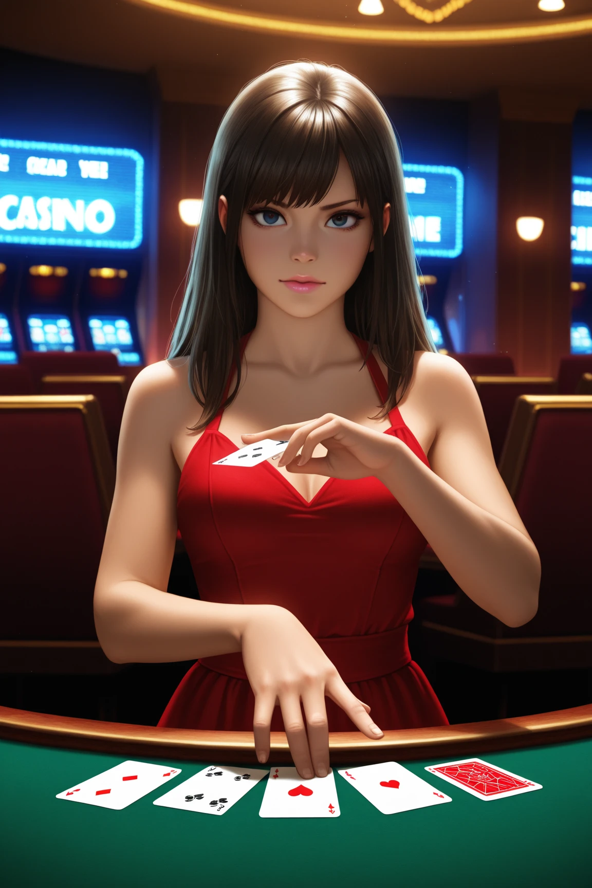 fusion_there was_jessgane,
in a (casino:1.2) in a blackjack table wearing a cocktail dress, casino, (GAME:1.2), (cards:1.2), (poker:1.2), cinematographic, (playing cards:1.2),
bokeh, F1.4, 40mm, photorealistic, raw, 8k, textured skin, skin pores, intricate details epiCRealism 