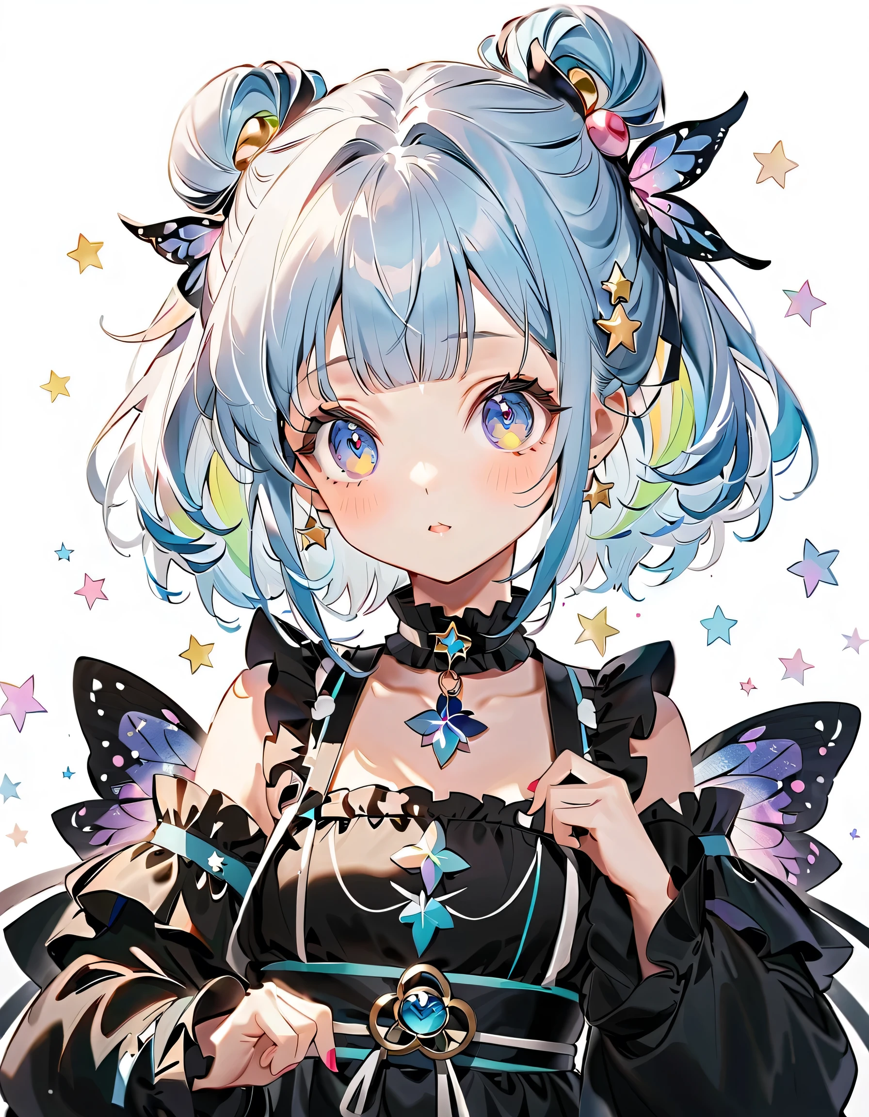 best details、 1 girl,,Blink, ( the hair color is milky white、Blue hair tips )、 World's Cutest Girl ,wear colorful and cute gothic kimono costumes , Star Fairy ,wear colorful and cute gothic kimono costumes with little fairy feathers growing from above your waist 、 simple background、 best details 、 long wide cuffs 、Rainbow Hair Ornament、 vtuber character design 、 Sparkling、 Detailed eyes 、cute young girl with delicate hair and fine shoulders, (big eyes), best details, cute face, playful expression, Beautiful appearance, Through Bangs, ((光沢のあるLight Blue Hair)) ,((Unique and cute hairstyle)), ((Light Blue Hair)),((Ruffles on the collar)),