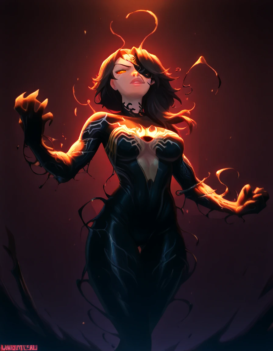 A girl with a body made of lava, featuring a Dracula Orchid pattern. (best quality, ultra-detailed), (realistic), vibrant colors, intense lighting, lava-like texture, hauntingly beautiful composition, surreal atmosphere, contrasting dark shadows, mesmerizing glow, detailed facial features, flowing lava tendrils, fiery eyes, ethereal presence, intricate floral patterns, mysterious aura."
