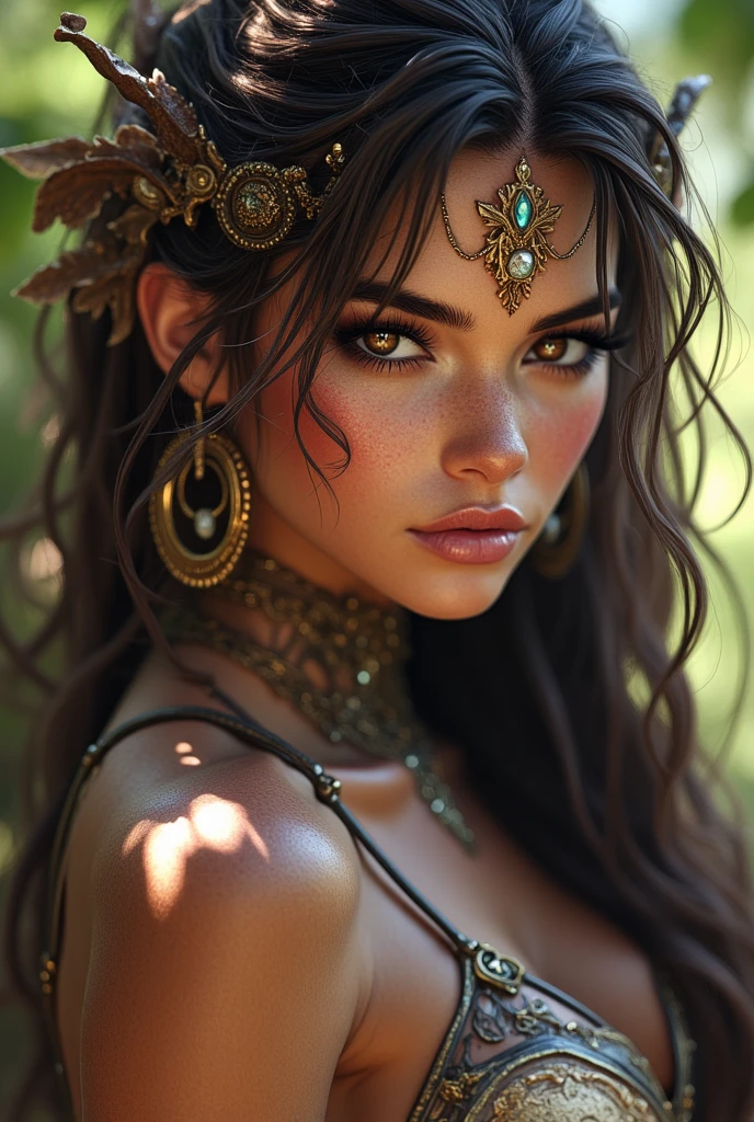fantasy druid majestic nature Lara Croft, with piercing, brown hair, and brown shimmering eyes, with leaves as her makeup and a golden light shining on her, 8k high definition, cinematic, vivid, naked, erotic, big breast