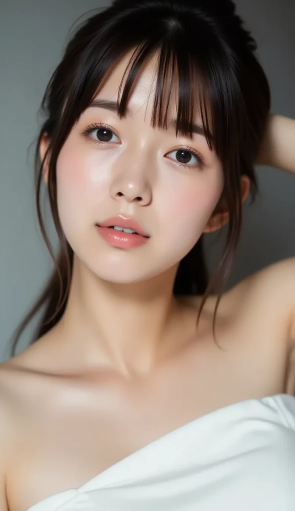 Blown by the long wind [Blue-black:.3] hair,Looking at the audience,  (8K, Realistic, RAW Photos, Highest quality: 1.4 Japanese, (1 Girl), Beautiful Face, (Realistic face),{Wavy medium hair|Front hair long bob|short hair with long bangs}{Black hair|Brown hair|Blonde hair}, Beautiful hairstyle, Realistic eyes, Beautiful and beautiful eyes, (Realistic skin), Beautiful Skin, charm, Ultra-high resolution, Surreal, Very detailed, Golden Ratio,shame(Blushing:1.3),(Topless:1.2),Small areola、(I can see your belly button)、(Small eyes)、(Nude),(just),(naked),(White skin),Bobcut、Bathroom、Sit in the bathtub