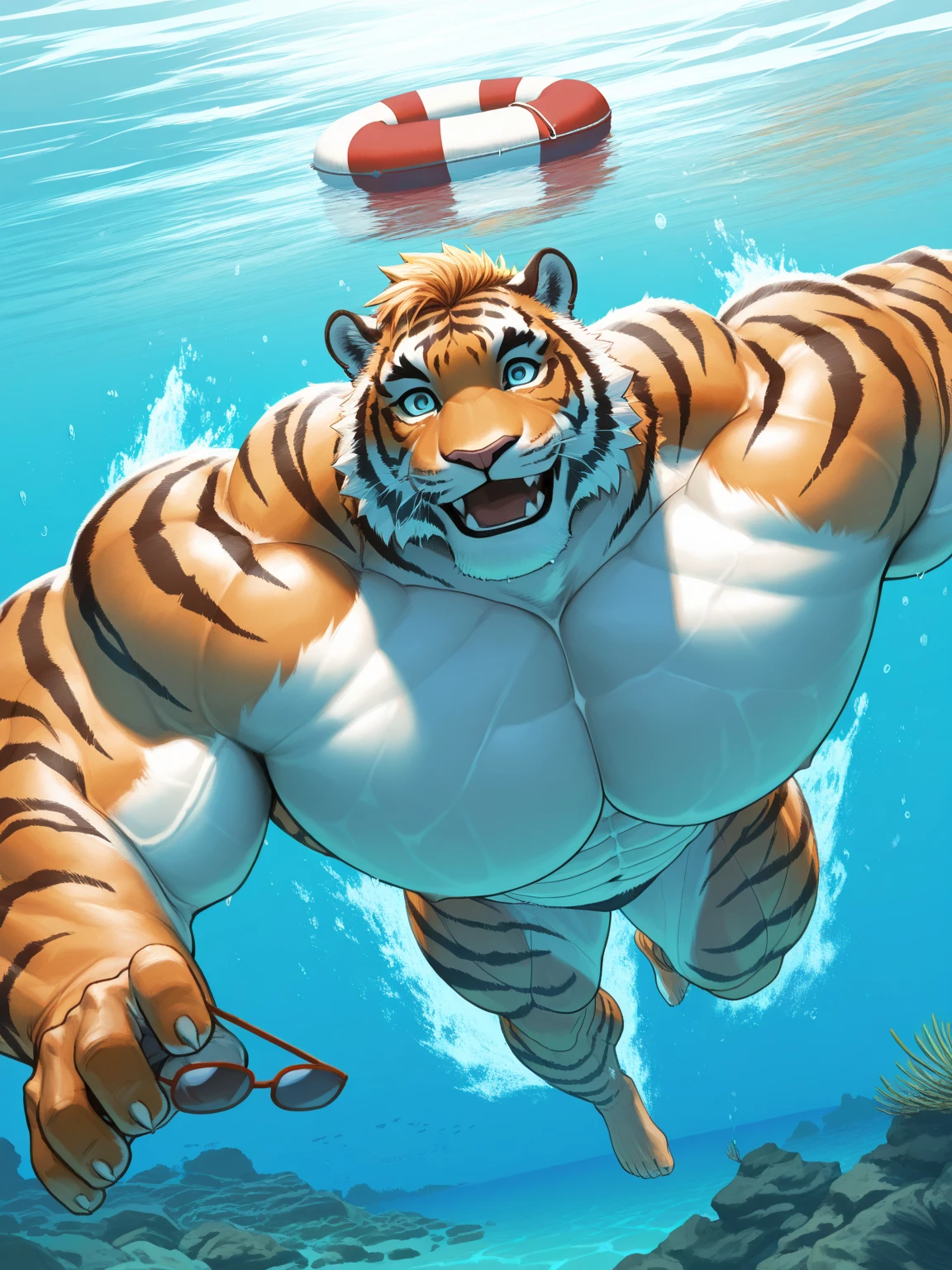 By Realista in fur, Very strong but very craving in face big old tiger a huge muscular furry big tiger old man swimming in sea, huge shoulder muscle , shirtless, strong maduro , huge muscle, hair, bearded, white hair and beard, wrinkles skinned, strong muscle, strong and intimidated, masterpiece, muscular, commission for high res, fantasy art, very very beautiful art, art painting , painting art, verg huge bulge, holding big huge pink_penetrating, balls, Cum