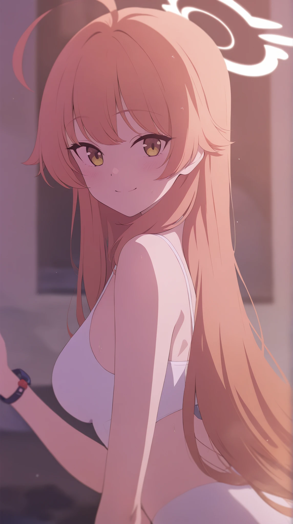 best quality, masterpiece, <lora:power:1>ï¼looking_at_viewer, cross-shaped_pupils, highres, sunbeam, solo, 1girl, white_camisole, power_\(chainsaw_man\)