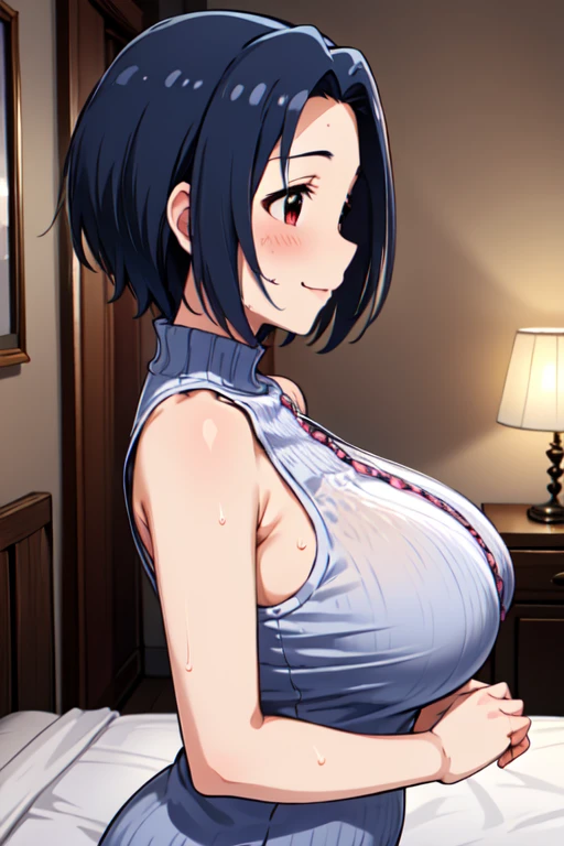 ((masutepiece, Best Quality, High resolution, extremely detailed 8K, Beautiful girl with a slender body, Ultra HD, Ultra-detailed, anime screen cap:1.3, anime colours:1.2)), suguha, (1girl in), (Black hair, bob cuts), (Lower your hands forward:1.5), facing at camera, lightsmile, (beautifull detailed face, Beautiful detailed eyes), (Huge breasts: 1.2), (White tank top, Thin material), Erect nipples, cleavage, jean shorts, upper body, Sweat, (Sunlight), Back alley