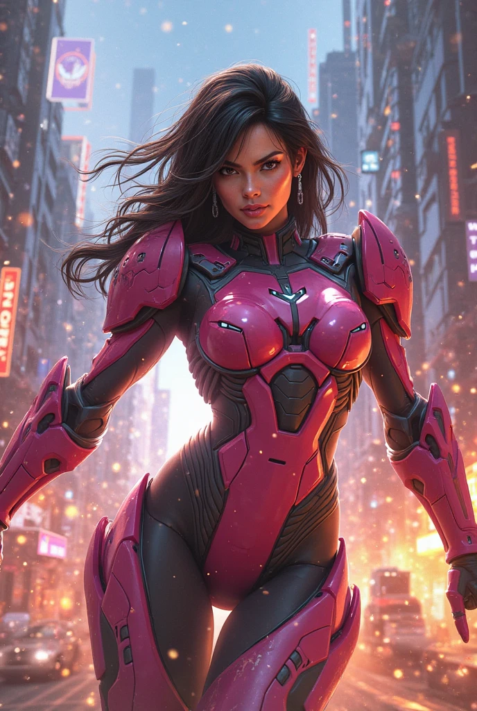 cabelo rosa pink luminoso, Cinematic lighting, altamente detalhado, armadura prateada detalhada, corpo inteiro, technological and futuristic with blue and lilac details, circuitos de luz, cabelos cor de rosa choque, NEGRA COM ROSTO DA MEGAN FOX , wearing technological and futuristic silver armor covering the entire body with blue and lilac details, circuitos de luz, Futuristic city background with pink and violet sky, cor da pele de bronze, mulata, pele bronzeada, cor do pecado, pele bem morena, queimada de sol, corpo fitness, corpo sarado, corpo atletico, corpo musculoso mas feminino (((seios ridiculamente grandes)))、(seios ridiculamente enormes:1.5)、((huge udder)) pose de guerreira, pink and violet sky, (RAW, analogical, lente ultra grande angular Nikon Z 14mm, fotografia glamorosa premiada, ((melhor qualidade)), ((obra-prima)), ((realista)), poros da pele, subsurface scatter, raios de luz radiantes, foco nítido, suave, aesthetic, extremamente detalhado, seios enormes e nus, aparecendo o peito muito grande sem roupa por cima! ????, pele molhada, pele brilhante brilhante:1.4 cabelos cor de rosa pink luminosos photorrealista, prazer, cabelo rosa pink + Megan Fox rosto perfeito, appears full-body from head to toe + appears on top of the head without cutting + aparece mais distante na imagem + seios nus a mostra sem nada cobrindo, usando apenas uma tanga dourada com pedras preciosas, bracelete dourado, segurando uma espada. corpo inteiro, pink and violet sky, in the desert with pink and violet sky, Arte por Mschiffer, 32k resolution, melhor qualidade, dynamic pose, action pose, in the style of realistic and hyper-detailed renderings, 8k, Olhos detalhados, olhos perfeitos, epics, Dramatic, Fantastic, corpo inteiro, design e detalhes intrincados, dramatic lighting, hiper-realismo, fotorrealista, cinemactic, 8k, Rosto detalhado, dramatic photo, Epic photo, corpo inteiro, barbarous, Cinematic Shot + Foto tirada por Canon + incrivelmente detalha