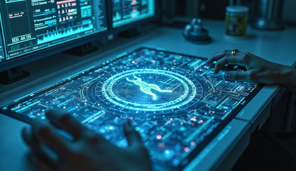 Design a fragmented hologram of broken data strings, suspended in mid-air. The data should include alien symbols and flickering images that seem indecipherable. The overall effect should be glitchy, with sparks of light and distortion, set against a dark, futuristic room filled with monitors and machinery.