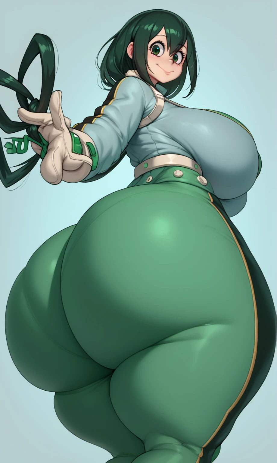 Fraction_9，Fraction_8_direction_7_direction_6_direction_5_direction_4_up，Green short hair，Green Eyes，Tie a purple bow at the back of your head，Bikini，White socks，leather shoes，Bean eyebrows，Wide hips，Thick thighs，Huge breasts，Huge ass，There is a bow at the back of the hair，Hair between the eyes，Sexy，Sexy girl，Green Hair，eternal，positive image，rest，Stockings，fat，Nipple protrusion