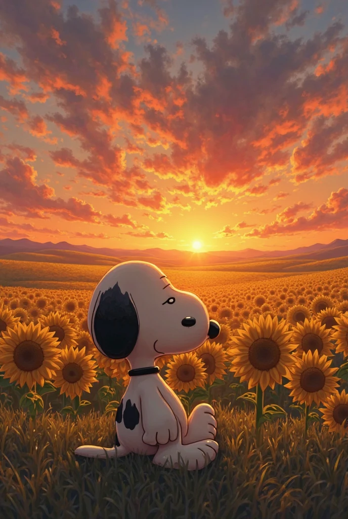 A sunset in a city seen from a viewpoint with Snoopy and the yellow bird Emilio surrounded by sunflowers and orchids