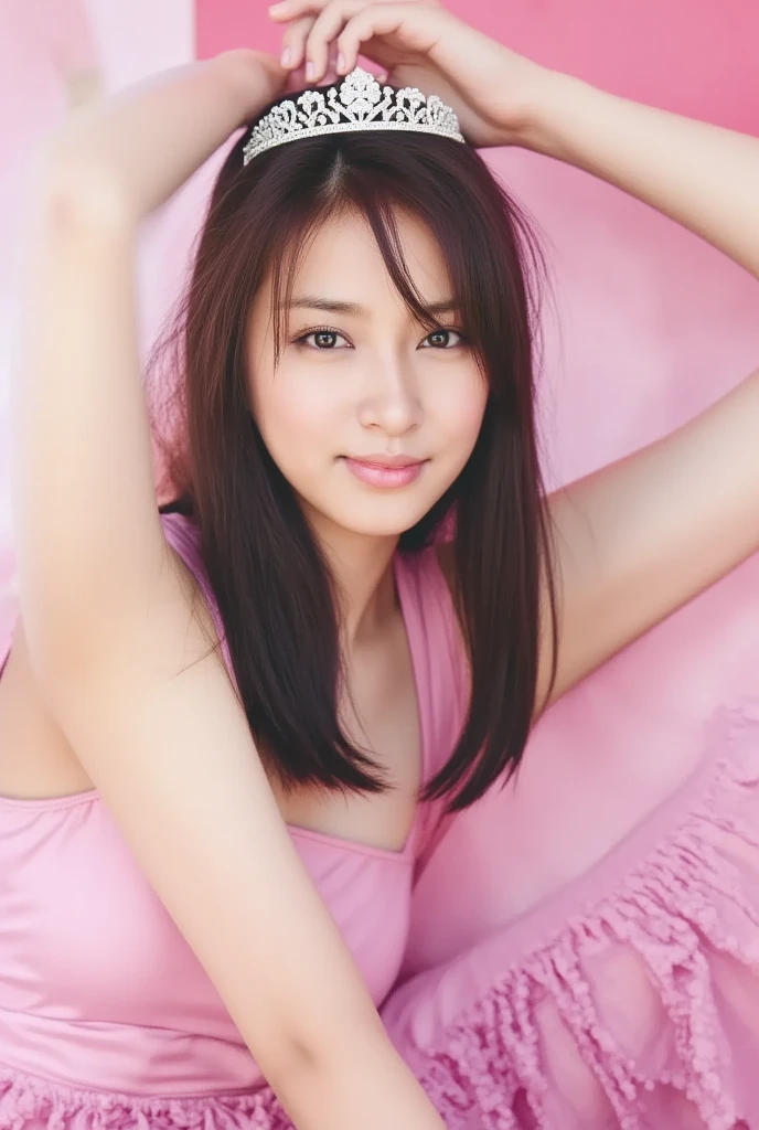 8k、High resolution、masterpiece、(Realistic:1.5)、In detail、Fine texture、High Contrast、alone、(Gal:1.3)、()、(Whitening:1.3)(White skin:1.3)、Natural Makeup、(Brown Hair:1.3)、(Center Parting:1.3)(amount:1.3)、(Straight Long Hair:1.3)、(((pink micro bikini)))、(Big Breasts:1.7)、(Bedroom)、On the bed、((looking at viewer:1.5))、Sculpture Pose、、(Oily skin:1.3)(close up face)Raising his arms to show his armpits,(lying on bed:1.4),(lying on back:1.4),(from above),