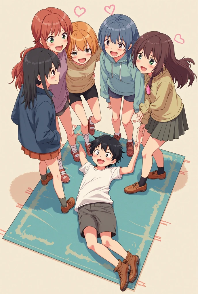 Group of girls laughing at a skinny shirtless boy standing in the middle of the class 