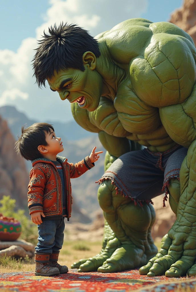 Arm wrestling between a brown haired child, brown eyes and white skin vs hulk
