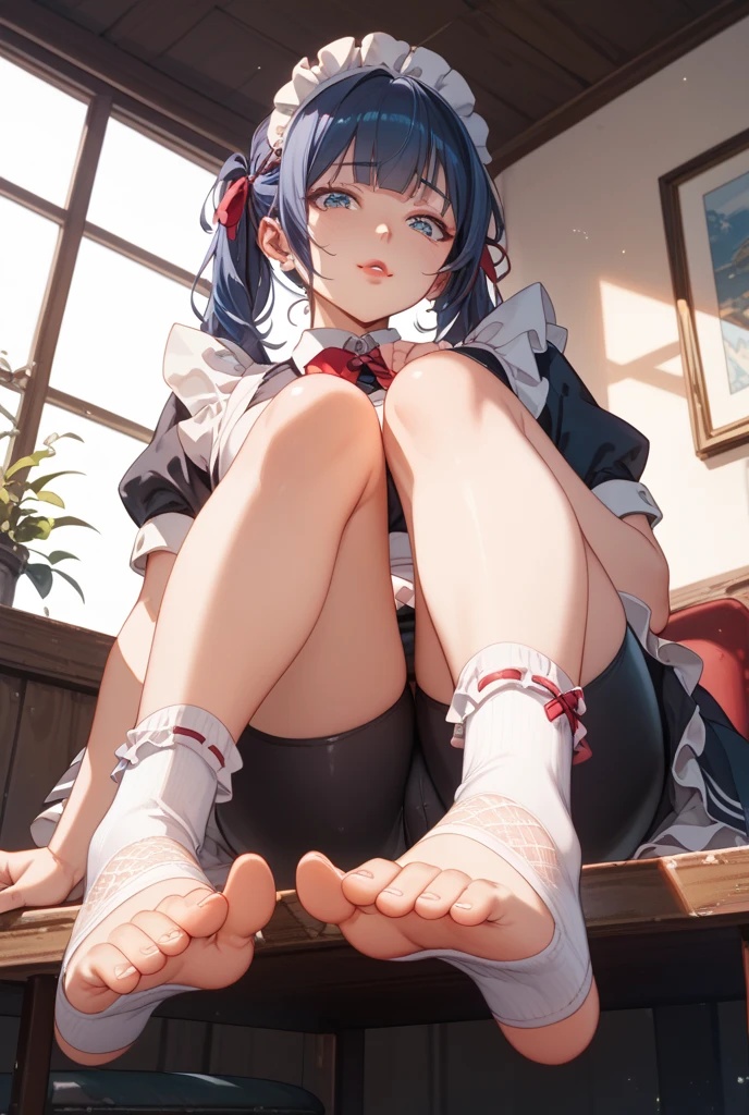 score_9, score_8_up,score_7_up,black hair,black bonnet,baggy vampire costume,darkblue hair,wavy short hair,open mouth,double teeth,claw pose,desk,sitting on desk,barefoot,foot focus,from below,bare legs,pale skin,