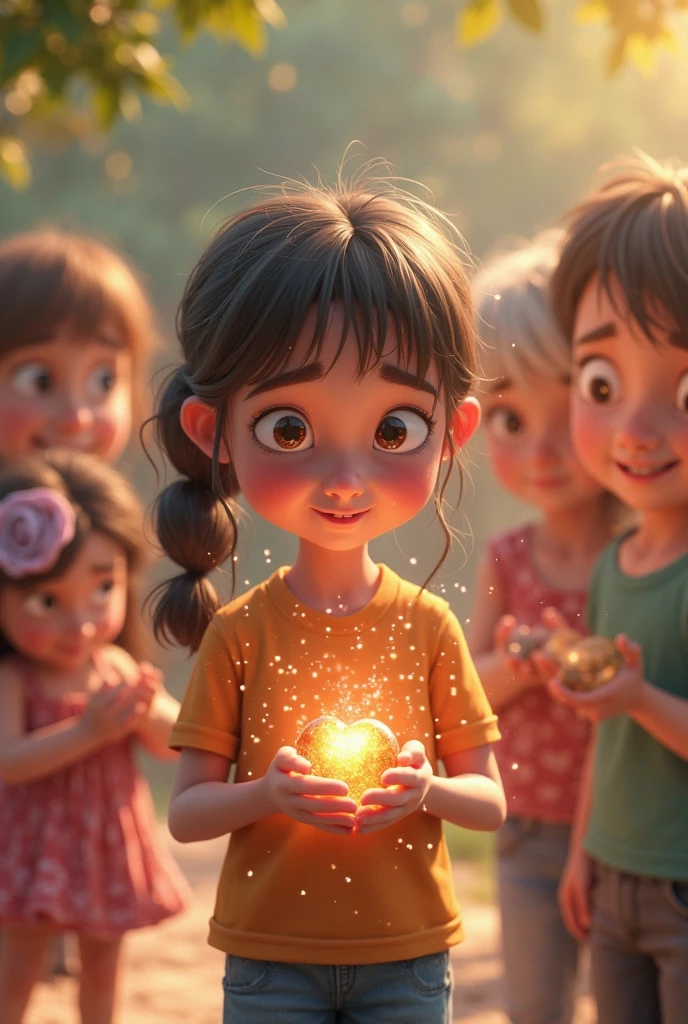 A town young big girl with specs and tied hair in a ponytail wearing white tshirt and blue mini skirt. She present her crystal infront of her classmates