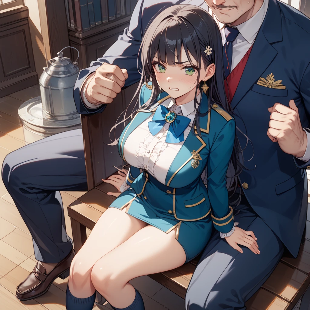 A boy with white hair and blue eyes and a girl with big breasts and thighs and long dark brown hair purple eyes wearing uniform in a modern school, a couple, skirt