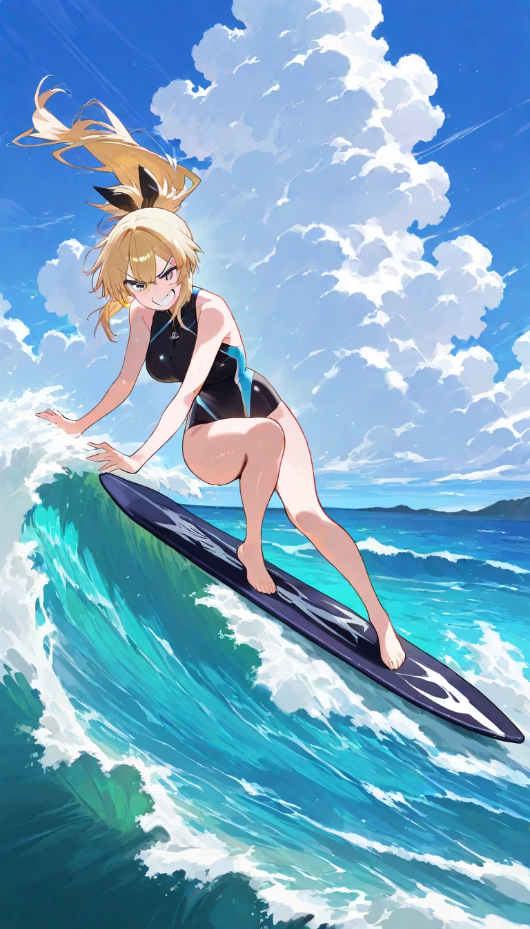 Femme nue grosse poitrine qui surf sur une vague