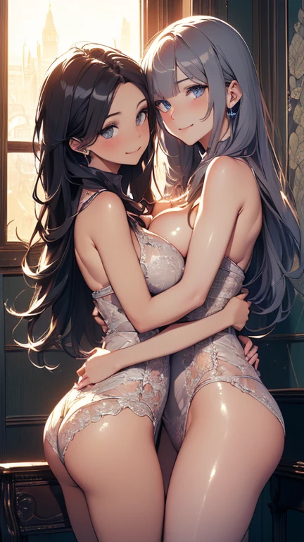 ((La mejor calidad)), ((Obra maestra)), cara perfecta, 1mujer, (pelo blanco), pelo largo, (orejas de gato), ojos azules, sonriendo, underwear, ((tetas grandes)), en la cama, fondo blanco