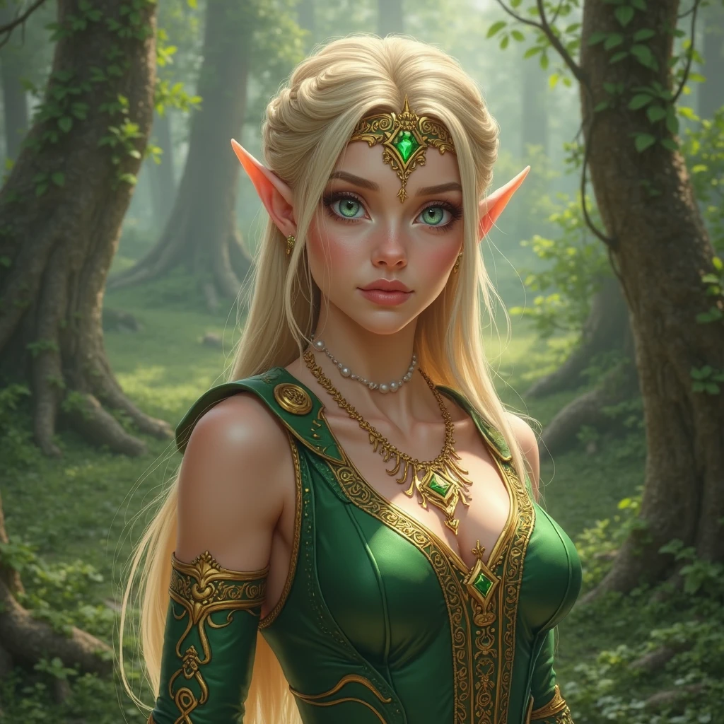 Masterpiece illustration, very detailed face, an immortal elf with timeless beauty, long elegant slim face, defined cheekbones, stunning and beautiful smile, detailed eyeliner and eyeshadow, elegant light hair, enchanting and elegant, detailed full cleavage, very sexy and slim figure, elegantly sexy, silk cape, fine green silk clothes, in a vibrant magical forest, ambient light, rim light,
