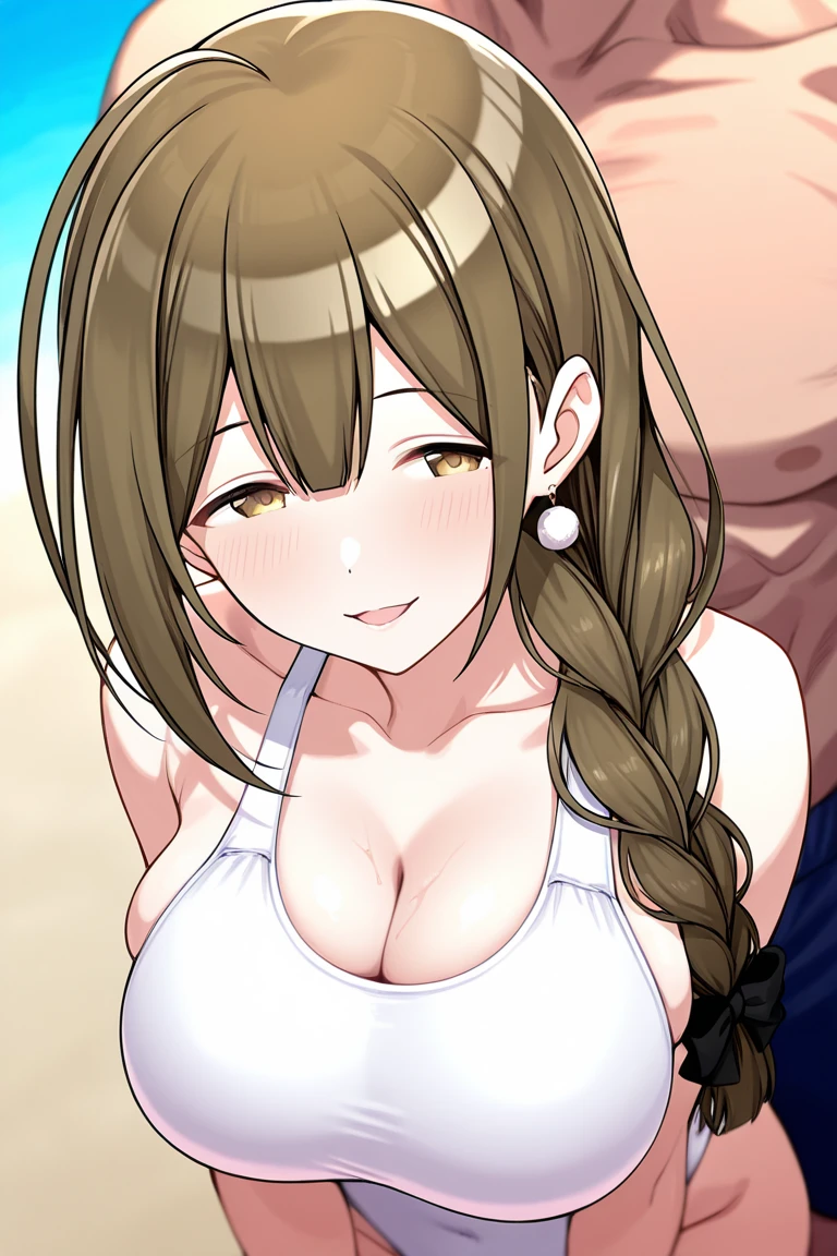 Longest penis in the world, long penis, 1girl , 1boy, pov, penis between the breasts, breasts squeeze together, comedy, wet penis, pubic hair, sweaty , nipples , bikini, beach, lewd face, paizuri, beach, blue skies, summer, lewd face, wet penis, hilarious