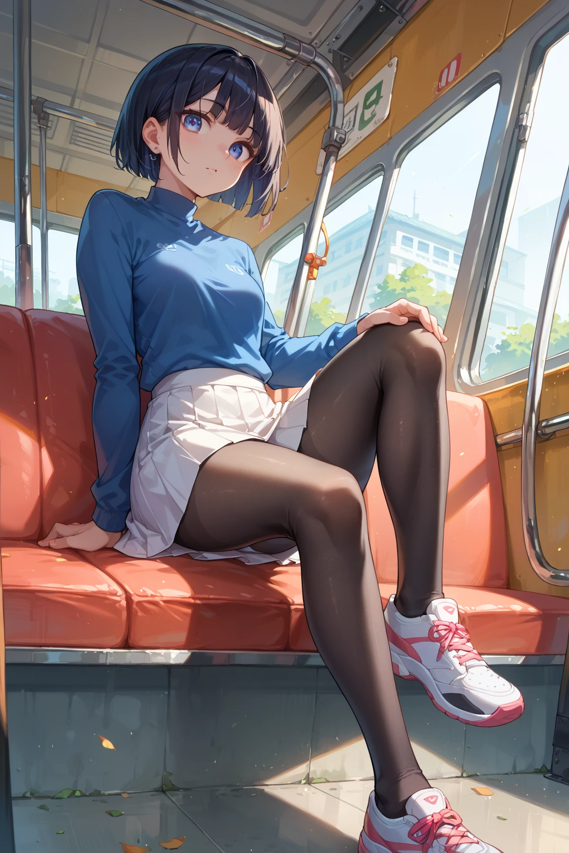 pov, short hair woman, jeans, bare shoulders, sitting, inside a train, sideview, blushing, dick flash, penis, foreskin, crossed legs, looking at viewer