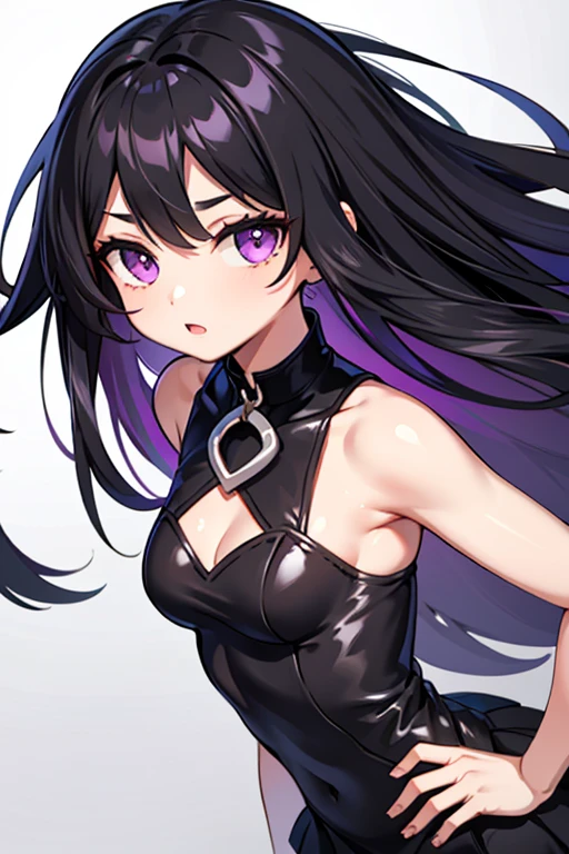 ((Highest quality)), One woman, Highest quality, masterpiece,Black Hair, Purple eyes,Black clothes, front, Upper Body,hair,Fair skin,Long Hair、Curly Hair