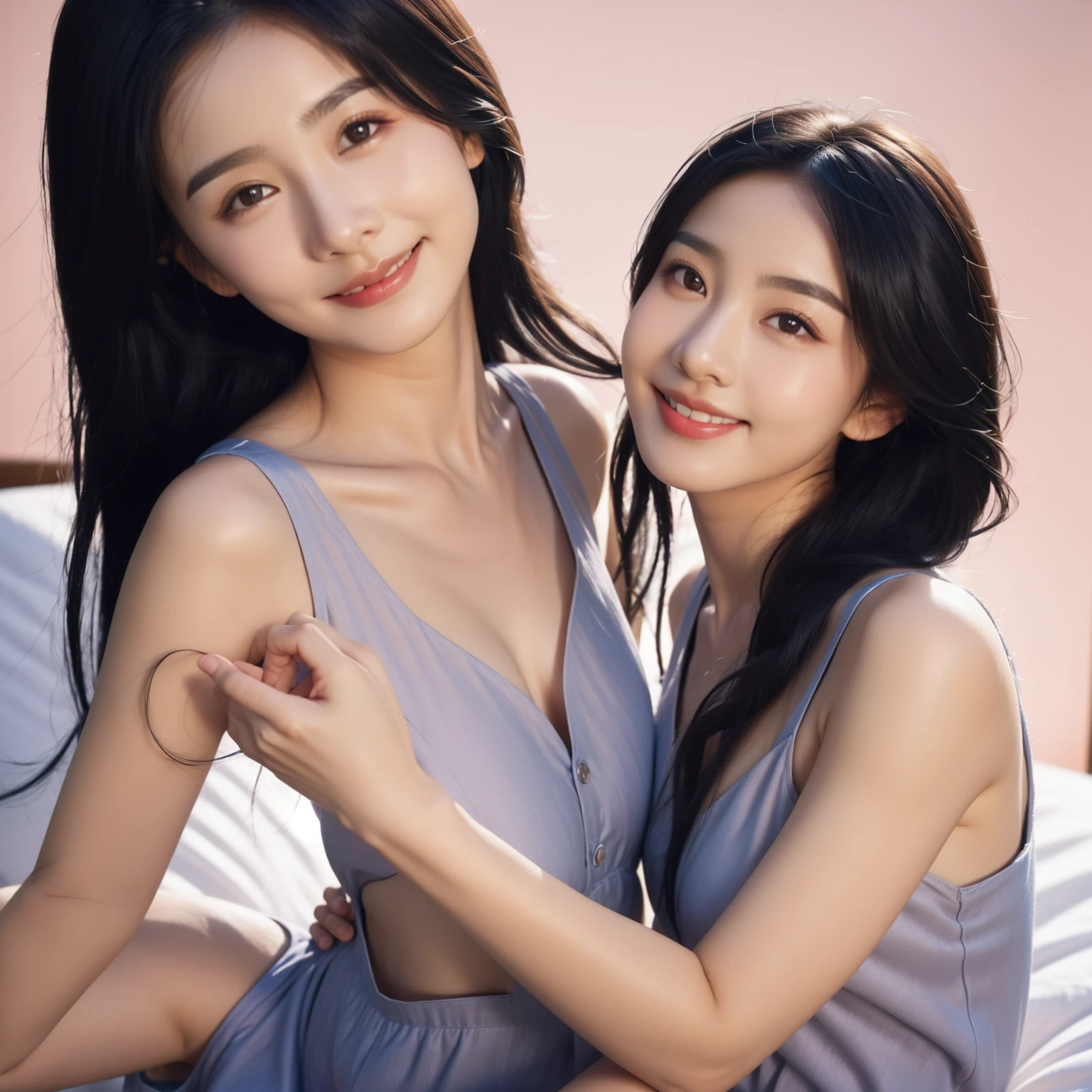 (mutiple girls:1.3),(two girls:1.4 kneeling),8k, masterpiece, RAW photograph:1.4, best quality, photorealistic, extremely detailed CG unity 8k wallpaper, Depth of field, Cinematic Light, Lens Flare, Ray tracing, (extremely beautiful face, beautiful lips, beautiful eyes), intricate detail face, ((ultra detailed skin)) 2girls, in the dark, deep shadow, pretty Asian girl, idol, ((looking at viewer)),(big smile:1.3), (cityscape, blurry background), (dim lights, rooftops, veranda), pretty girls, earrings, bracelets, necklace, clear eyes, walking , front shot, (pale skin), faces forward, (big eyes), ((full body shot)), ((silk Laced)), ((see-through colorful embroidery pattern sleep gown:1.3)), (brown hairs) (looking at viewer:1.3), (laced panty), have a sheen , (See through,sleeping gown :1.3,embroidery), veranda