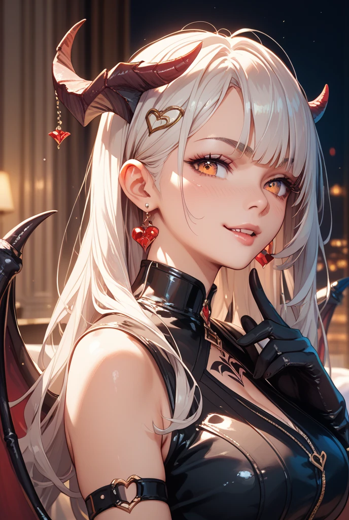 Big breasts Half naked, white hair, hair behind ear, twintails, very long hair, shiny hair, bangs pinned back, huge ahoge, widow's peak, antlers, forehead jewel, mouth veil, anchor choker, multicolored eyes, heart-shaped pupils, slit pupils, cat ears, angry, evil smile, light smile, light smile, Social realism, ray tracing, stereogram, viewfinder, close-up, UHD, textured skin --auto