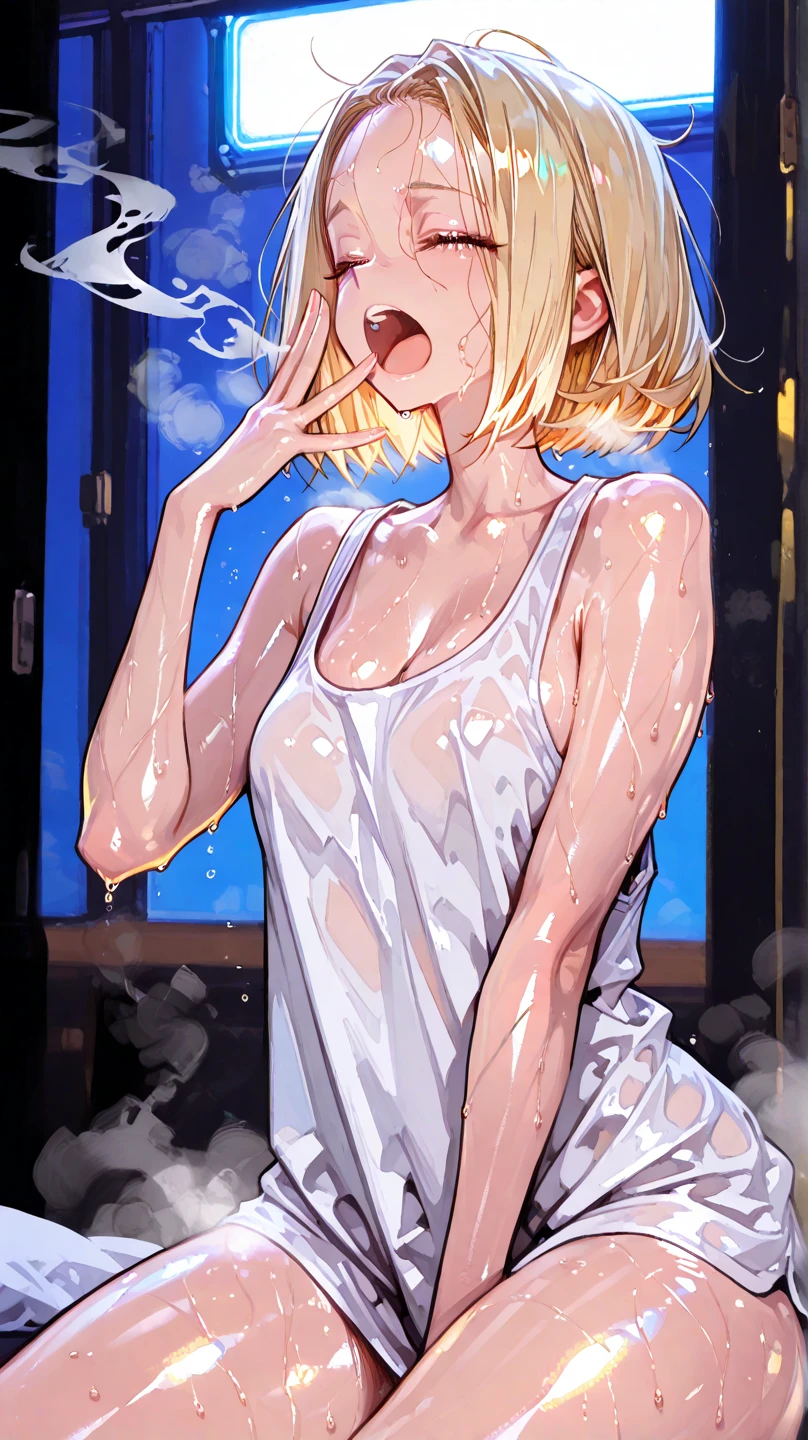 Highest quality,20-year-old,Cowboy Shot,Are standing,short hair,((Soaking wet:1.4)),(Platinum Blonde),((Puzzled:1.5)),((Embarrassing:1.1)),((Blush 1.5)),(Soaking wetの白いフリル付きブラウス),Accurate hand drawing,((Brown Skin:1.5)),((Revealing her dark purple panties to the audience)). The background is the entrance to the house.,afternoon.