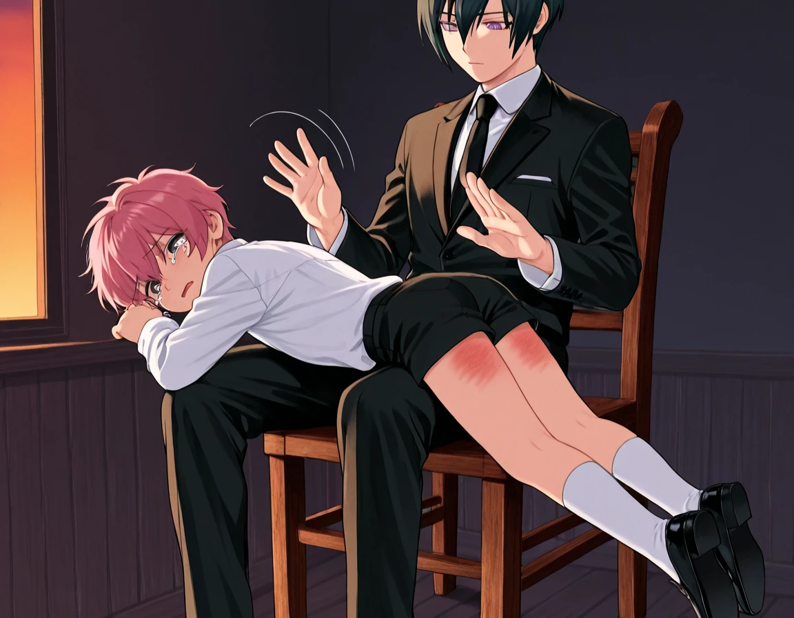 score_9, score_8_wonderful, score_7_wonderful, sauce_anime,helios,Akira Ohtori,Male Focus,1 male,No pants,Red tie,Auction,Long sleeve white shirt,On all fours,Place your hands on the floor,penis,Leash color,View your audience,Squat,Redhead,Green Eyes,humiliation,Obedience,Mob