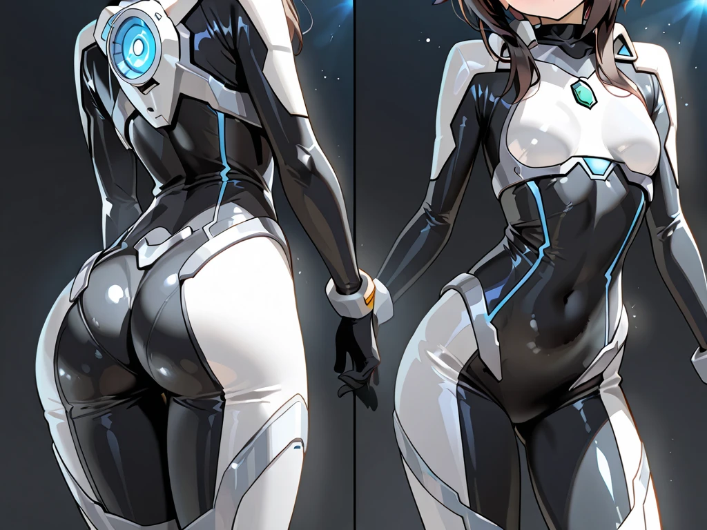 Mature Woman, Woman in a futuristic suit, Highly detailed face, nice, mother, Tomboy, Very large breasts, (Mature Woman), Adult face, (Mature Woman), Cyber Suit, Anime girl in tight suit, Milfication, Elegant body, Focus on the navel, nude, gloves, Earrings, sf, Female protagonist, Are standing, Volumetric Light, Detailed lighting, Detailed Texture, BoobsCyberpunk, Biomechanical OPPAI, masterpiece, Top quality eyes, sfの背景, Futuristic landscape, Low - Angle、((Yellow bodysuit)),Well defined nipples、Nipples are visible