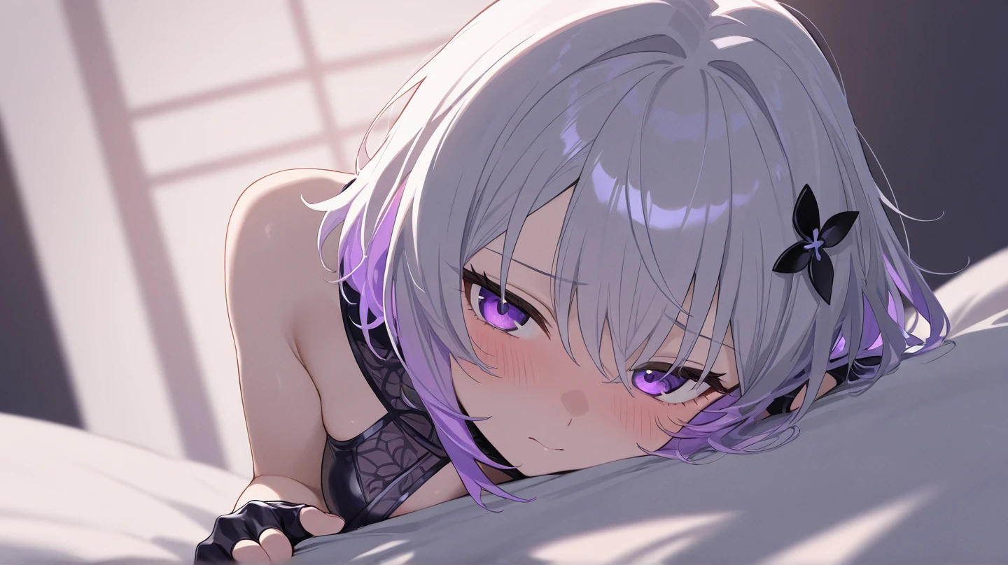 White Hair、Pink Eyes、Short Hair、laughing、Only one girl、alone、Cute、Face is close、Night、Lying in bed