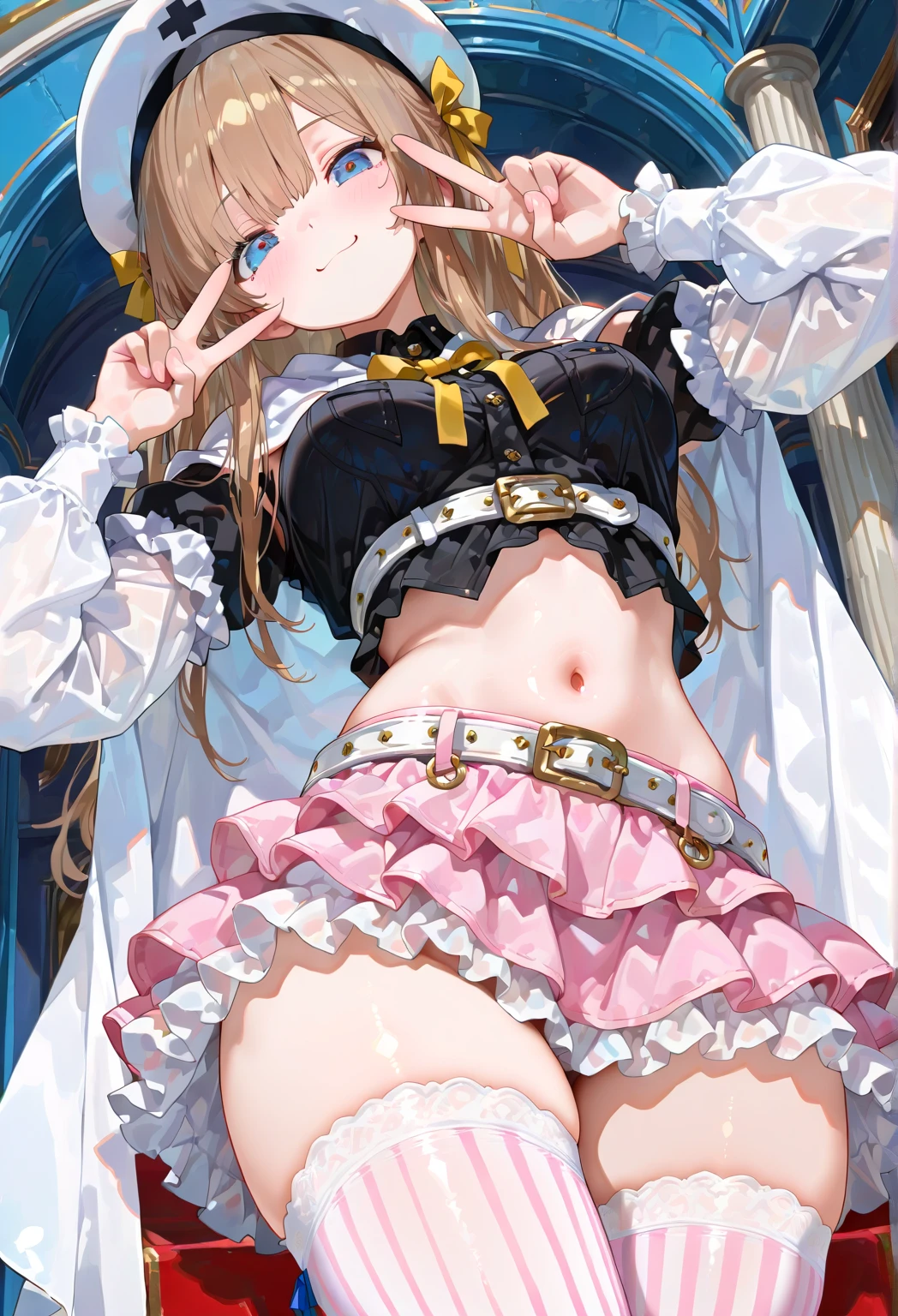 Masterpiece、最high quality、high quality、High definition、High resolution、High detail、Lens flare、Ray tracing method、high qualityの質感、high qualityの影、Beautiful details、Detailed and delicate、Detailed texture、Realistic facial expression、Realistic and colorful、Delicate、Cinematic Light、Side light、Sharp Focus、(1 woman:1.3)、(Intricate details、Makeup、Pure Eros Face_v1:0.5)、(Details Beautiful delicate face、Detailed beautiful delicate eyes、Perfect Facial Proportions、Detailed skin、Charm)、fancy hairstyles、Beautiful bangs、(Two-tone gradient hair color)、slender、(Upturned beautiful breasts)、Raise your arm and make a peace sign、(Detailed crotch、Open crotch、Showing off your crotch)、Female juice、((Experiencing the best orgasm))、(Light-colored V-cut、Light-colored thong)、(Thigh mini skirt、Low-rise mini skirt)、(Front-facing shirt、No sleeve、Crop top)、Maid clothes、(The wind blows and sways、 rise up)、Low-angle composition、Wide Shot