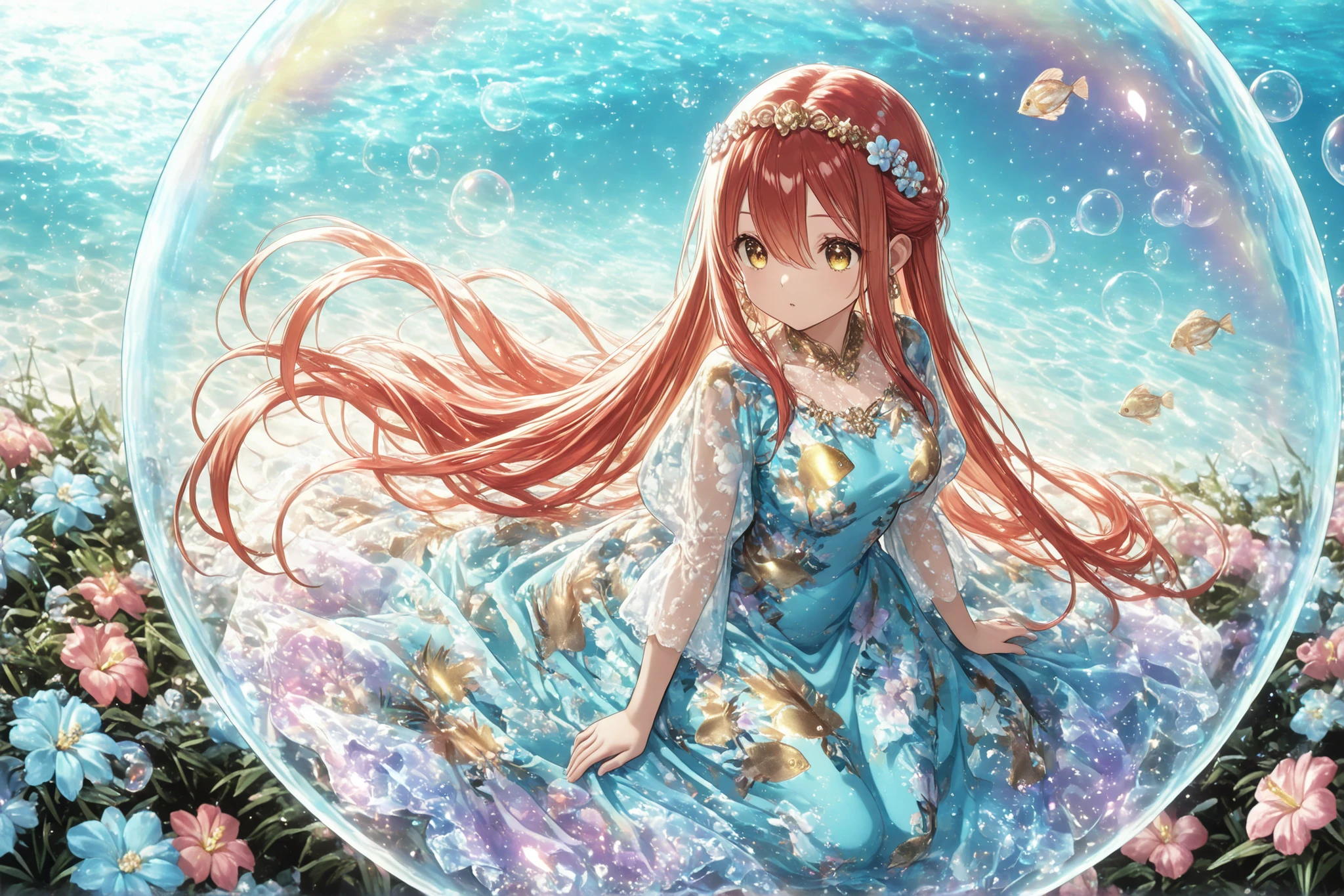 1 girl , golden eyes , very long hair , long sidelocks, red hair ,half updo, petite , very cute , beautiful ,Straight hair, cool, handsome, hair between eyes, sexy, female, mediumlarge breasts,, (princess is in the flower garden, dress of colors like the sea), (tropical fish print on dress:1.4), dress shines blue, soft blue lighting and rainbow bubbles, create fantastic atmosphere, anime style illustrations, detailed background, full body shot, (master piece, 8k high-resolution),  (jewelry eyes:1.2), (floral tiara), ((exquisite illustration of a girl wearing flowers)), ((blooming flowers)), ultra detailed, perfect light, purple world, misty, bubble, fantasy, transparent jewel, transparent crystal, light, glow, shine, shining, beautiful face, beautiful eyes, beautiful hair, best quality, look at viewers((best quality:1.5))((best quality eyes:1.5)) (girl inside a huge bubble:1.1)