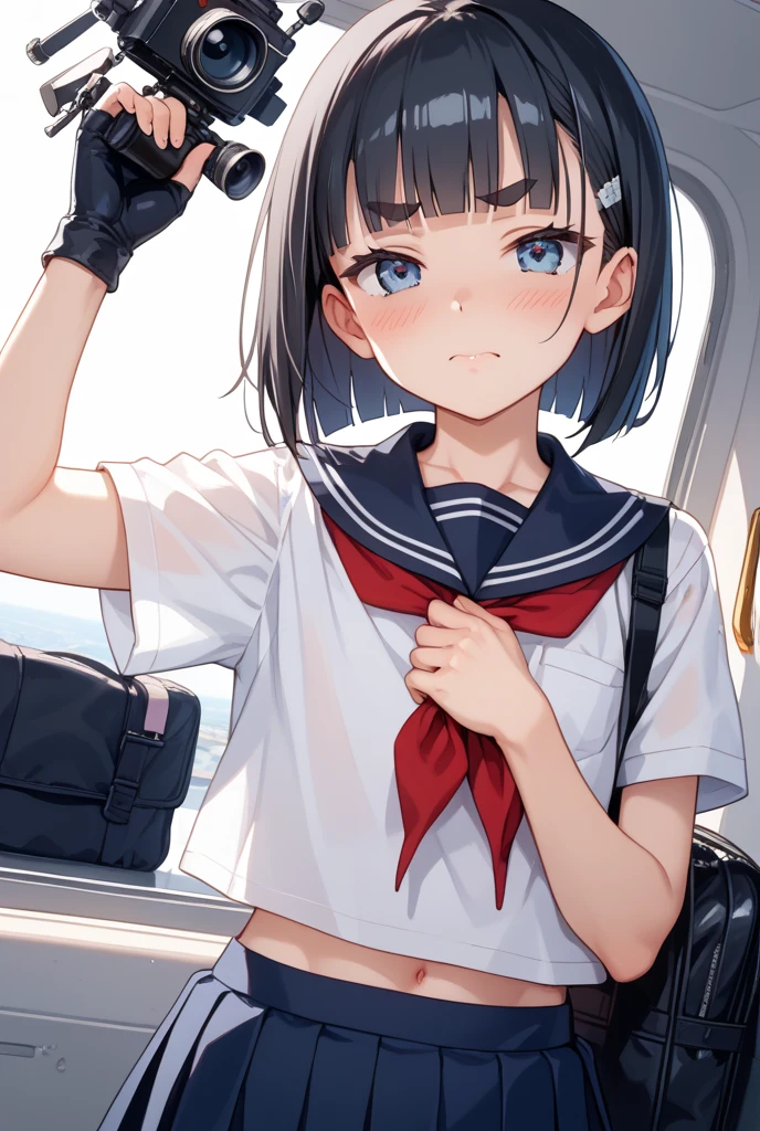 1 girl, sitting, inside a military vehicle, (((short sleeve, sailor uniform, mini skirt))), ((military vehicle)), arms up, (tied up:1.5), tied up, handcuffed, restrained, (worried:1.5), (blushing:1.5), perfect body, perfect face, perfect eyes, detailed eyes, beautiful eyes, big thighs, detailed face, full body